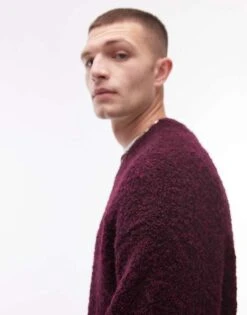 Topman Relaxed Fit Boucle Jumper In Burgundy For Men -Daily Wardrobe Shop 206252591 3
