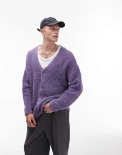 Topman Relaxed Fit Boucle Cardigan In Purple For Men