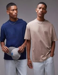Topman 2 Pack Oversized Fit Washed T-shirt In Blue And Light Brown For Men Multi