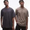 Topman 2 Pack Oversized Fit Washed T-shirt In Black And Khaki For Men Multi