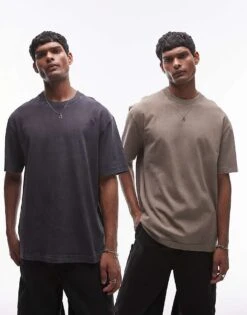 Topman 2 Pack Oversized Fit Washed T-shirt In Black And Khaki For Men Multi