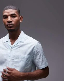 Topman Short Sleeve Boxy Striped Shirt In Light Blue For Men -Daily Wardrobe Shop 206274694 1 lightblue 1