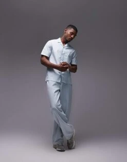 Topman Short Sleeve Boxy Striped Shirt In Light Blue For Men -Daily Wardrobe Shop 206274694 3