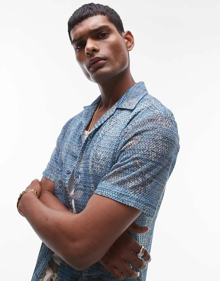 Topman Short Sleeve Floral Printed Crochet Shirt In Blue For Men 3 Topman Short Sleeve Floral Printed Crochet Shirt In Blue For Men