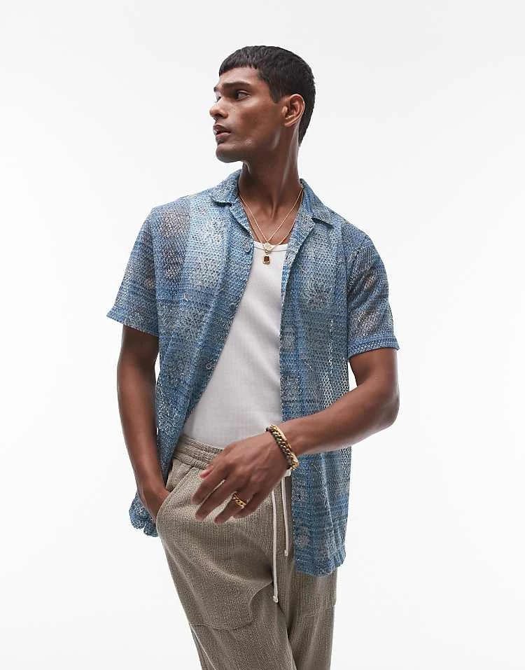 Topman Short Sleeve Floral Printed Crochet Shirt In Blue For Men 4 Topman Short Sleeve Floral Printed Crochet Shirt In Blue For Men - Image 2