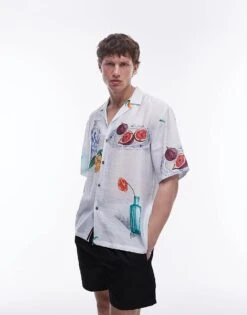 Topman Short Sleeve Relaxed Hand Drawn Shirt In Light Blue For Men -Daily Wardrobe Shop 206275022 3