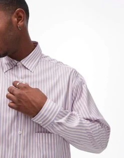 Topman Long Sleeve Oversized Pink Stripe Shirt For Men