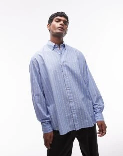 Topman Long Sleeve Oversized Blue Stripe Shirt For Men -Daily Wardrobe Shop 206279768 2