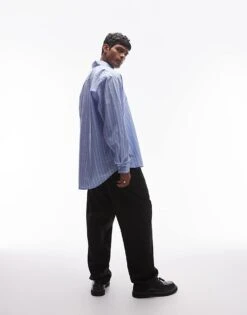 Topman Long Sleeve Oversized Blue Stripe Shirt For Men -Daily Wardrobe Shop 206279768 3