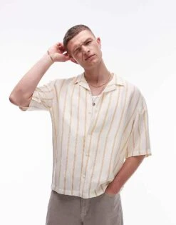 Topman Short Sleeve Linen Blend Stripe Shirt In Stone For Men Multi