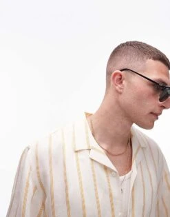 Topman Short Sleeve Linen Blend Stripe Shirt In Stone For Men Multi -Daily Wardrobe Shop 206292471 3