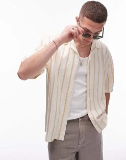 Topman Short Sleeve Linen Blend Stripe Shirt In Stone For Men Multi -Daily Wardrobe Shop 206292471 5
