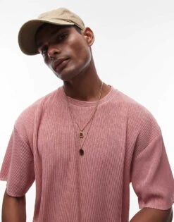 Topman Oversize Fit Slub Plisse T-shirt In Pink For Men
