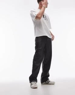 Topman Wide Leg Faux Leather Trousers In Black For Men -Daily Wardrobe Shop 206335947 4