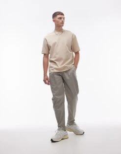 Topman Twin Pleat Tapered Trousers In Stone For Men -Daily Wardrobe Shop 206347755 1 stone 1