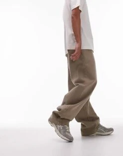 Topman Extra Wide Leg Twill Trousers In Stone For Men -Daily Wardrobe Shop 206347763 3