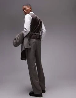 Topman Premium Wide Leg Wool Mix Striped Herringbone Suit Trouser In Brown For Men Grey -Daily Wardrobe Shop 206350911 3