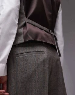 Topman Premium Wide Leg Wool Mix Striped Herringbone Suit Trouser In Brown For Men Grey -Daily Wardrobe Shop 206350911 4
