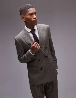 Topman Premiumn Relaxed Wool Mix Striped Herringbone Jacket In Brown For Men Grey -Daily Wardrobe Shop 206351007 1 grey 1