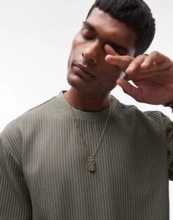 Topman Oversized Fit Plisse T-shirt In Khaki For Men -Daily Wardrobe Shop 206357215 1 khaki 1