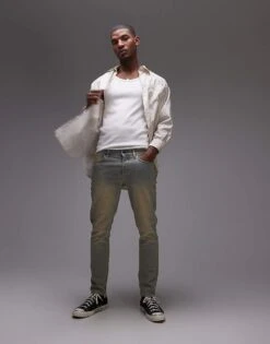 Topman Slim Jeans In Tinted Mid Wash For Men Blue -Daily Wardrobe Shop 206357951 1 blue 1