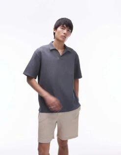 Topman Short Sleeve Plisse Polo Shirt In Charcoal For Men -Daily Wardrobe Shop 206359851 1 charcoal 1