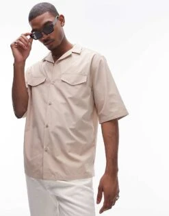Topman Short Sleeve Double Pocket Shirt In Stone For Men -Daily Wardrobe Shop 206359867 3