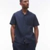 Topman Short Sleeve Revere Plisse Shirt In Navy For Men -Daily Wardrobe Shop 206385283 1 navy