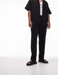 Topman Tapered Plisse Trousers In Black For Men