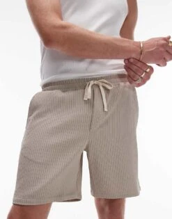 Topman Co-ord Plisse Shorts In Stone For Men Beige -Daily Wardrobe Shop 206385596 5