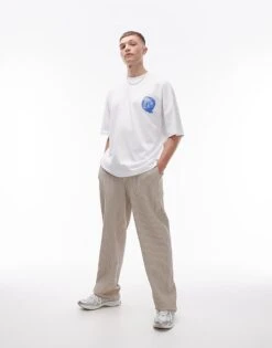 Topman Co-ord Wide Leg Plisse Trousers In Stone For Men Beige