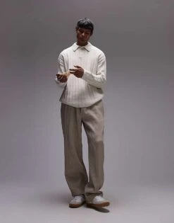 Topman Co-ord Tapered Plisse Trousers In Stone For Men Beige