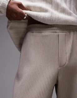 Topman Co-ord Tapered Plisse Trousers In Stone For Men Beige -Daily Wardrobe Shop 206385643 3
