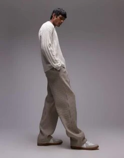 Topman Co-ord Tapered Plisse Trousers In Stone For Men Beige -Daily Wardrobe Shop 206385643 4