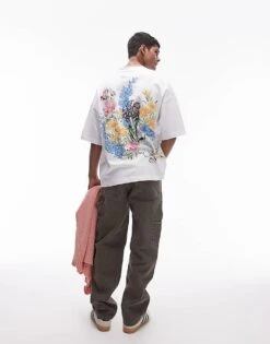 Topman Premium Extreme Oversized Fit T-shirt With Front And Back Digital Flowers Print In White For Men