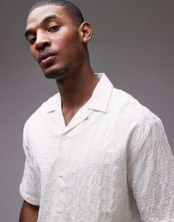 Topman Short Sleeve Textured Grid Shirt In White For Men -Daily Wardrobe Shop 206410973 4