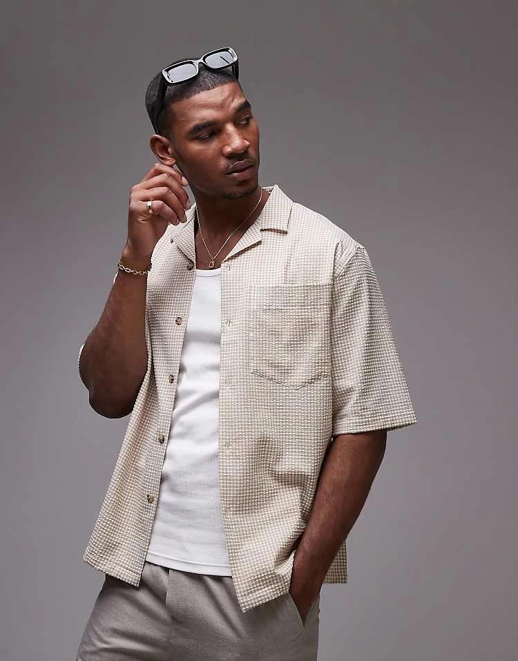 Topman Short Sleeve Gingham Seersucker Shirt In Ecru For Men Green 3 Topman Short Sleeve Gingham Seersucker Shirt In Ecru For Men Green