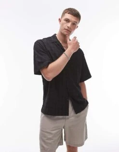 Topman Short Sleeve Textured Grid Shirt In Black For Men -Daily Wardrobe Shop 206410989 1 black 1