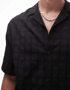 Topman Short Sleeve Textured Grid Shirt In Black For Men -Daily Wardrobe Shop 206410989 3