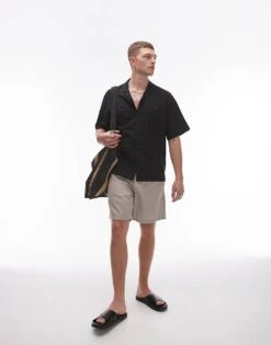 Topman Short Sleeve Textured Grid Shirt In Black For Men -Daily Wardrobe Shop 206410989 4