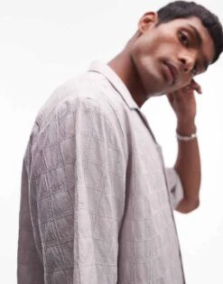 Topman Short Sleeve Textured Grid Shirt In Light Grey For Men -Daily Wardrobe Shop 206411013 2