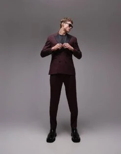 Topman Premium Taper Suit Trouser In Red For Men Burgundy