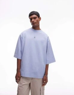Topman Premium Heavyweight Oversized Fit Mid Sleeve T-shirt 300gsm In Light Blue For Men -Daily Wardrobe Shop 206440384 1 blue 1