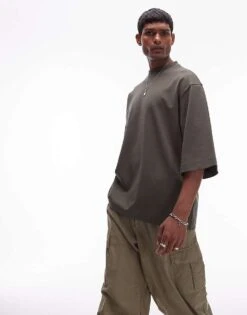 Topman Premium Heavyweight Oversized Fit Mid Sleeve T-shirt 300gsm In Dark Green For Men Khaki