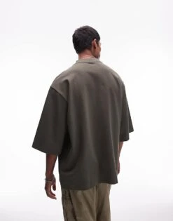 Topman Premium Heavyweight Oversized Fit Mid Sleeve T-shirt 300gsm In Dark Green For Men Khaki -Daily Wardrobe Shop 206440833 4