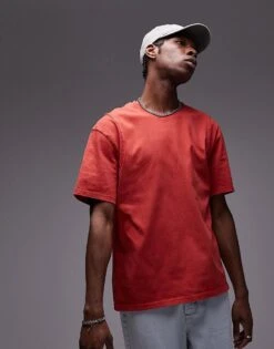 Topman Oversized Fit Washed T-shirt With Seam Detail In Washed Red For Men -Daily Wardrobe Shop 206440841 4