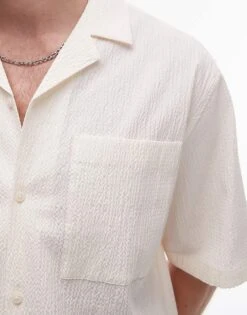 Topman Short Sleeve Relaxed Seersucker Shirt In Ecru For Men -Daily Wardrobe Shop 206449620 3