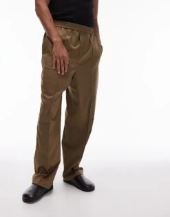 Topman Elasticated Waist Wide Leg Trouser In Khaki For Men -Daily Wardrobe Shop 206474661 3