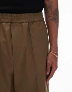 Topman Elasticated Waist Wide Leg Trouser In Khaki For Men -Daily Wardrobe Shop 206474661 5