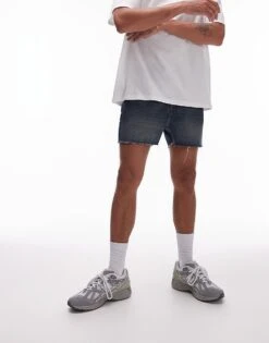 Topman Micro Denim Shorts In Dark Wash For Men